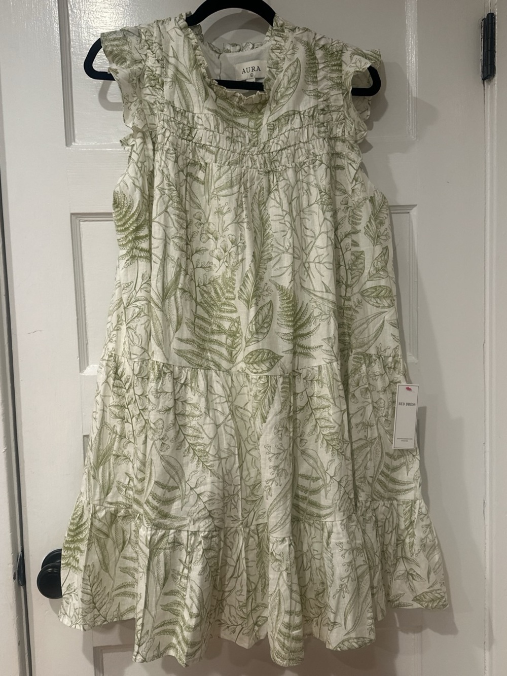 NWOT Aura Green Leaf Print Ruffled Dress